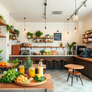 Interior of Farm Bowl + Juice Co. showing plant-based dishes and a coffee bar