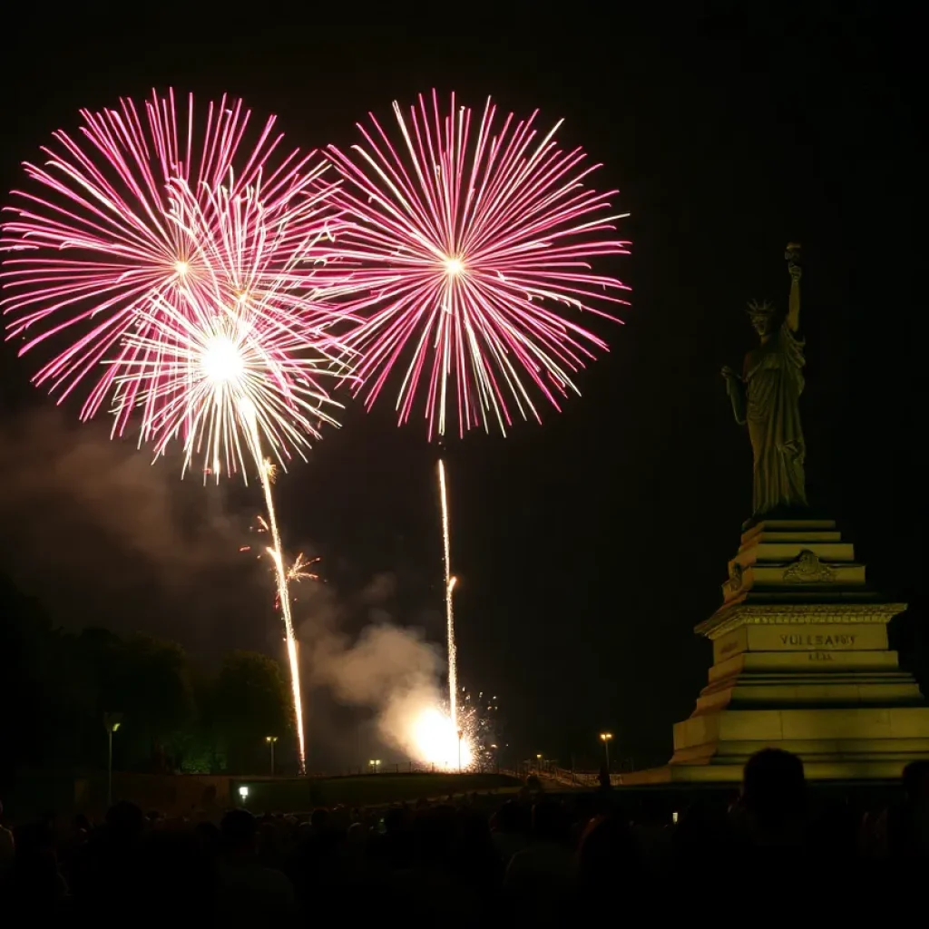 Fireworks illuminating the sky over Vulcan Park during Thunder on the Mountain