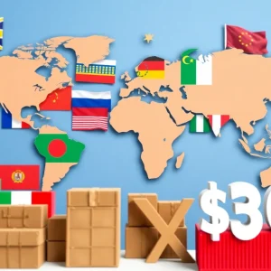 Visual representation of global trade and tariffs with flags and shipping containers