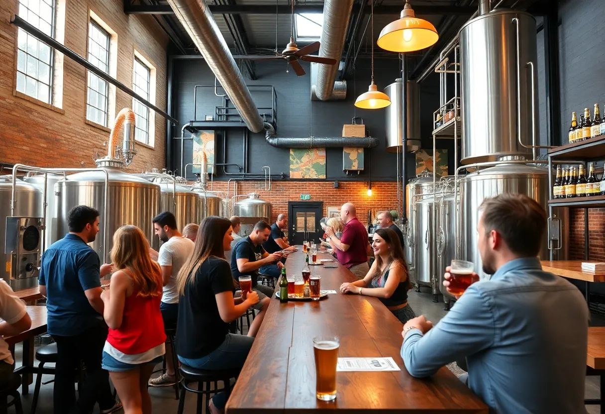 Interior of Good People Brewing with customers enjoying craft beer.