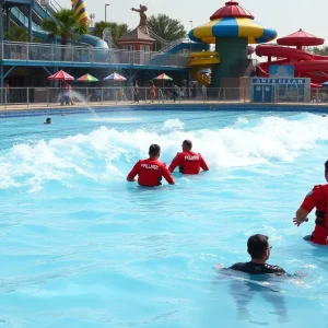 Lifeguards responding to an emergency situation at a wave pool