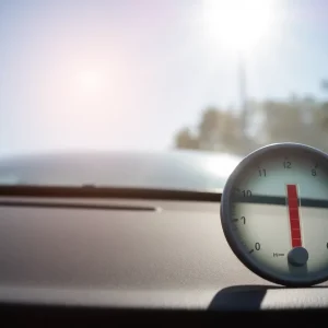 Parked car in bright sunlight showing high temperature gauge.