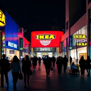 Rendering of a city street with people imagining an IKEA store in Huntsville.