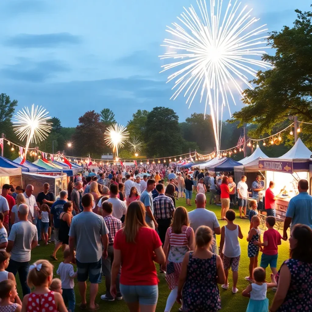 Families enjoying Independence Day festivities with fireworks in Alabama