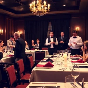 Audience engaging in an interactive murder mystery dinner theatre performance