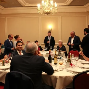 Guests enjoying an interactive murder mystery dinner theatre at Birmingham Marriott.