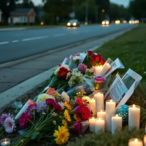 A memorial with flowers and candles at the site of a vehicle collision.