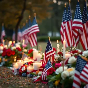A memorial scene honoring a WWII veteran with flowers and flags