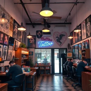 Interior of Nowhere Tattoos shop with tattoo artists and artworks