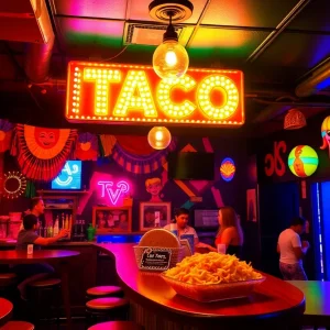 Concept art of the Opulence Drag Lounge with colorful decorations and a taco bar.