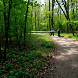 Police searching a hiking trail in a park.