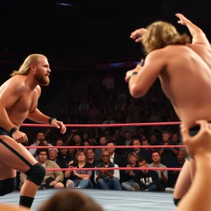 Wrestling match in progress, showcasing a dramatic moment.