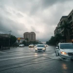 Severe flooding causing disruption in urban areas due to intense rain.