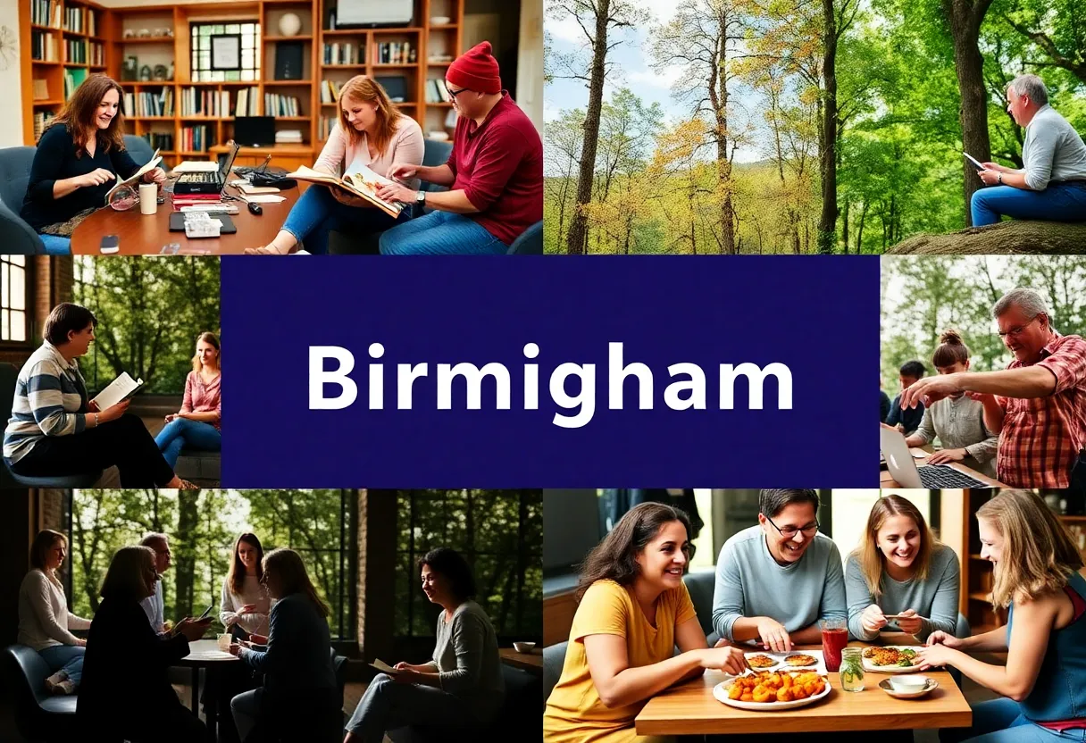 A collage depicting diverse social activities in Birmingham, including a book club meeting, outdoor hiking groups, and cooking classes.