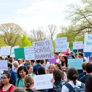 Participants holding signs at a Stand Up for Science rally