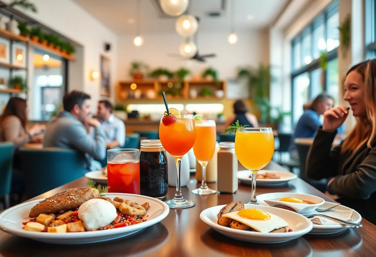 Interior view of The Toasted Yolk Cafe with breakfast dishes