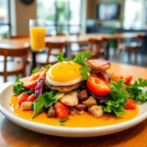 A colorful brunch dish served at Toasted Yolk Cafe in Birmingham.