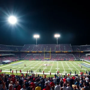 UAB football field with fans in the stands at night