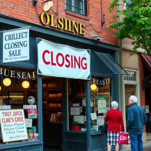 Exterior of Village Sportswear with a closing sale sign