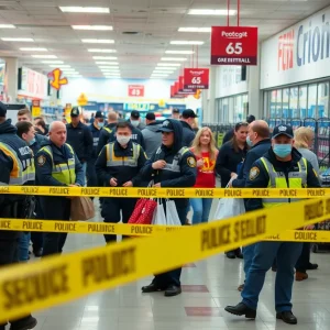 Police and emergency responders at a Walmart after a stabbing incident