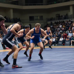 Competitive wrestling match at the Commonwealth Games