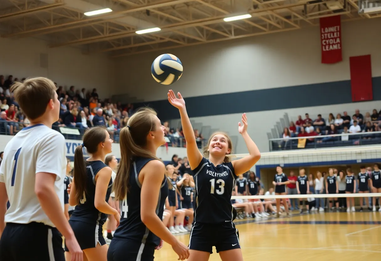 Players competing in a high school volleyball tournament