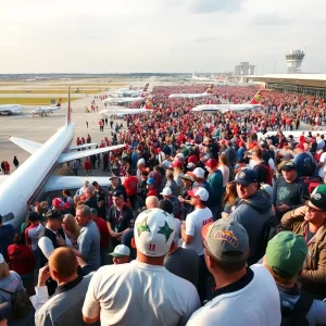 Crowd at Birmingham Airport for college football season flights