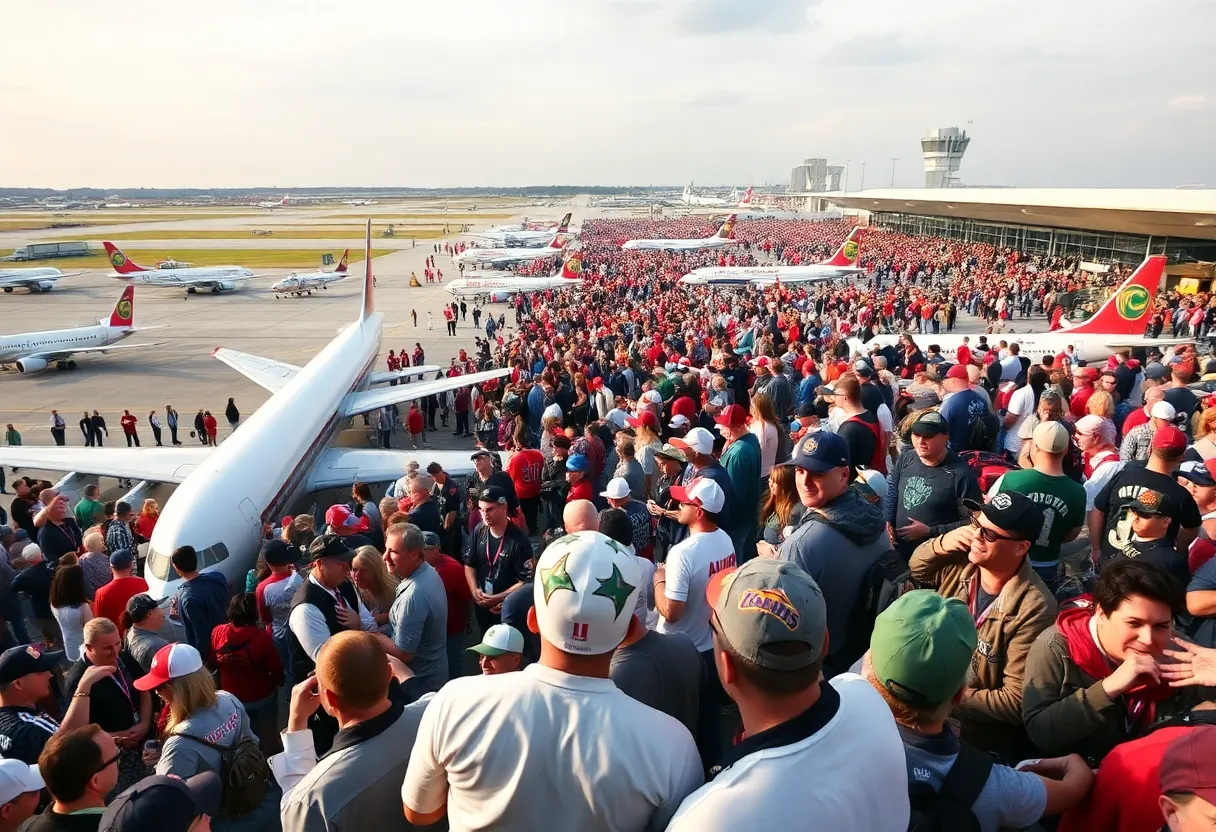 Crowd at Birmingham Airport for college football season flights