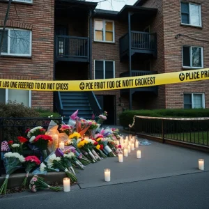 Tribute flowers and candles at a Birmingham apartment complex shooting scene