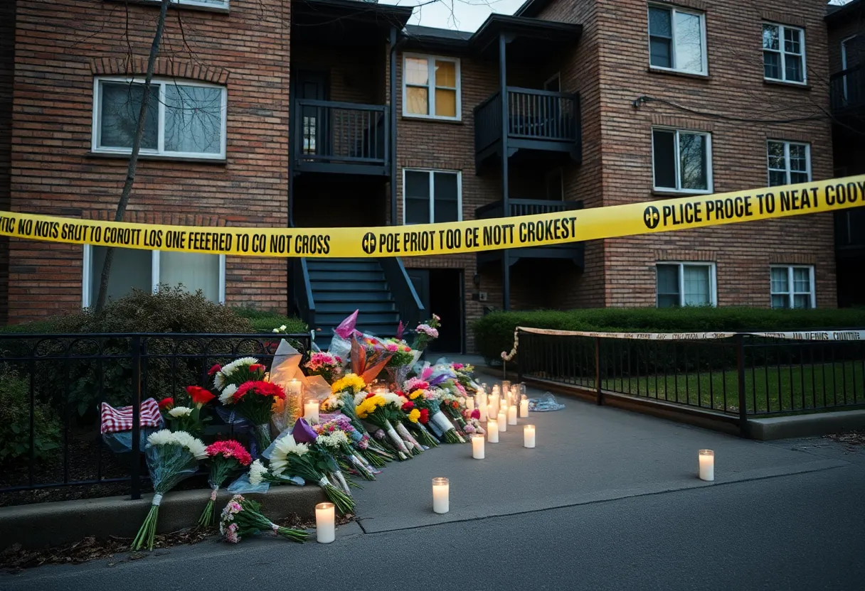 Tribute flowers and candles at a Birmingham apartment complex shooting scene
