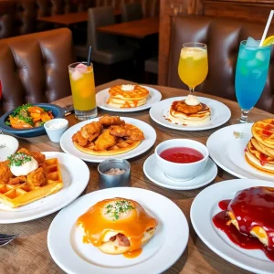 Brunch spread in Birmingham with chicken & waffles, pancakes, and mimosas