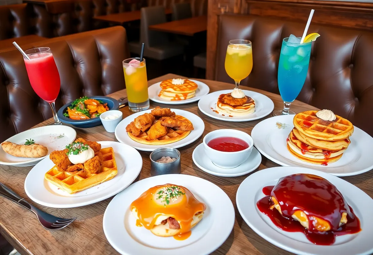 Brunch spread in Birmingham with chicken & waffles, pancakes, and mimosas