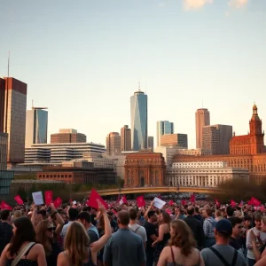 Celebration in front of Birmingham city skyline