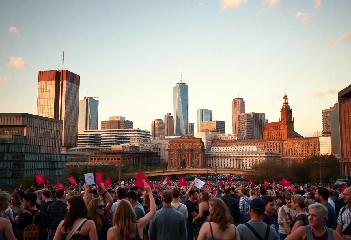 Celebration in front of Birmingham city skyline