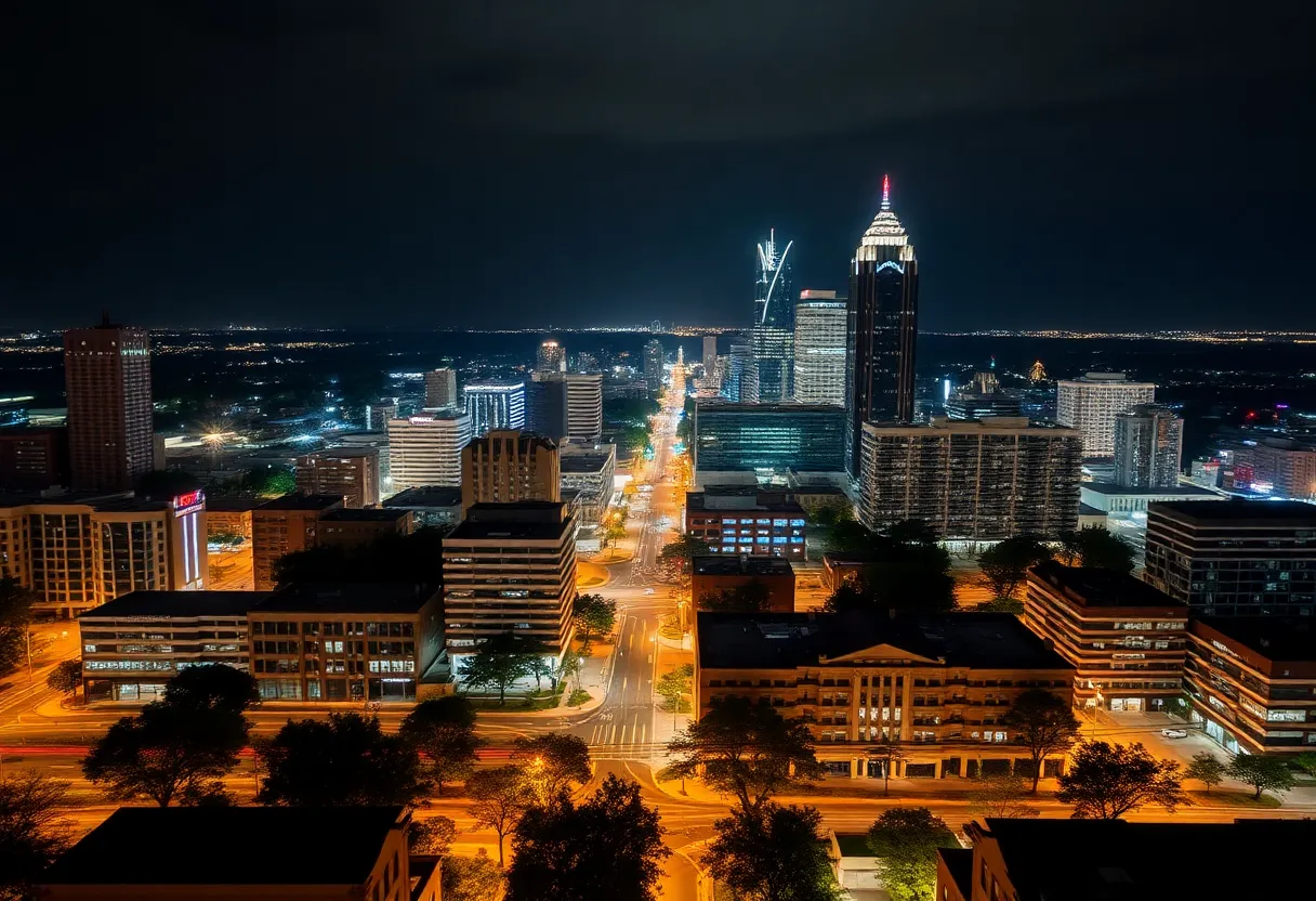 Night view of Birmingham cityscape highlighting urban areas