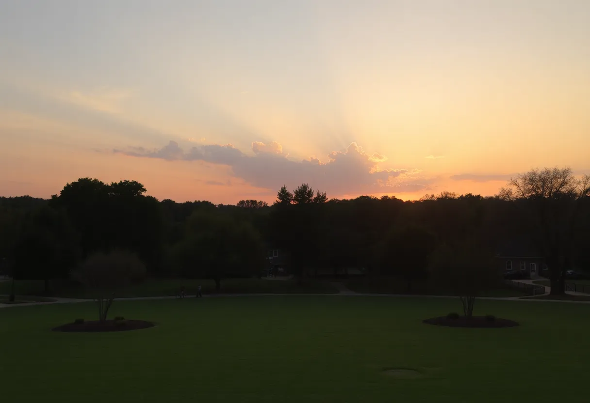 A serene sunset over a park in Birmingham, depicting peace and community.