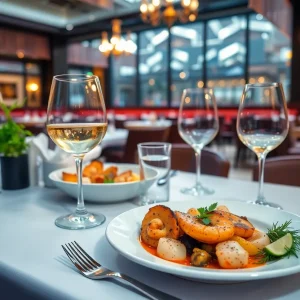 Dining scene in Birmingham featuring seafood and wine