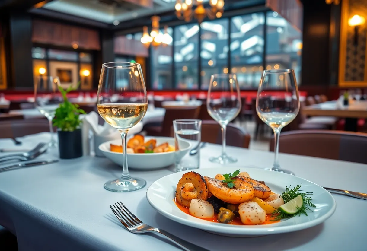 Dining scene in Birmingham featuring seafood and wine