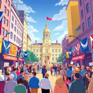 A colorful scene of a Birmingham election campaign in an urban setting.