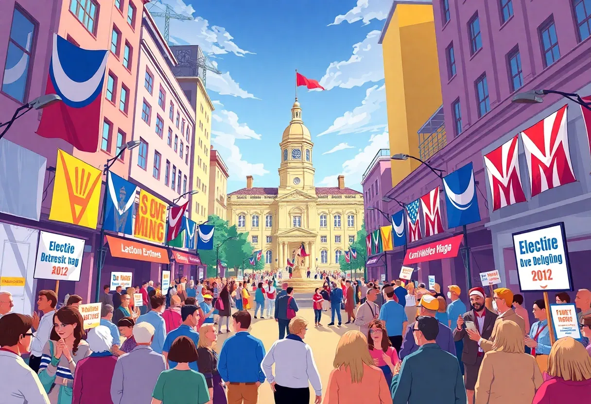 A colorful scene of a Birmingham election campaign in an urban setting.