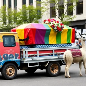 Colorful truck towing a casket with a llama during Birmingham election protest.