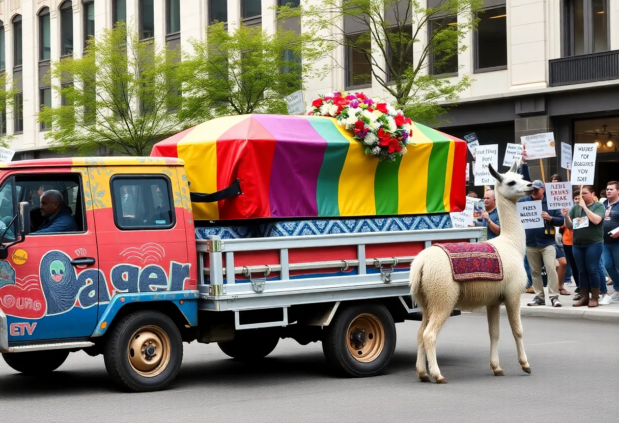 Colorful truck towing a casket with a llama during Birmingham election protest.
