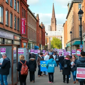 Cityscape of Birmingham during elections with voters and campaign signs.