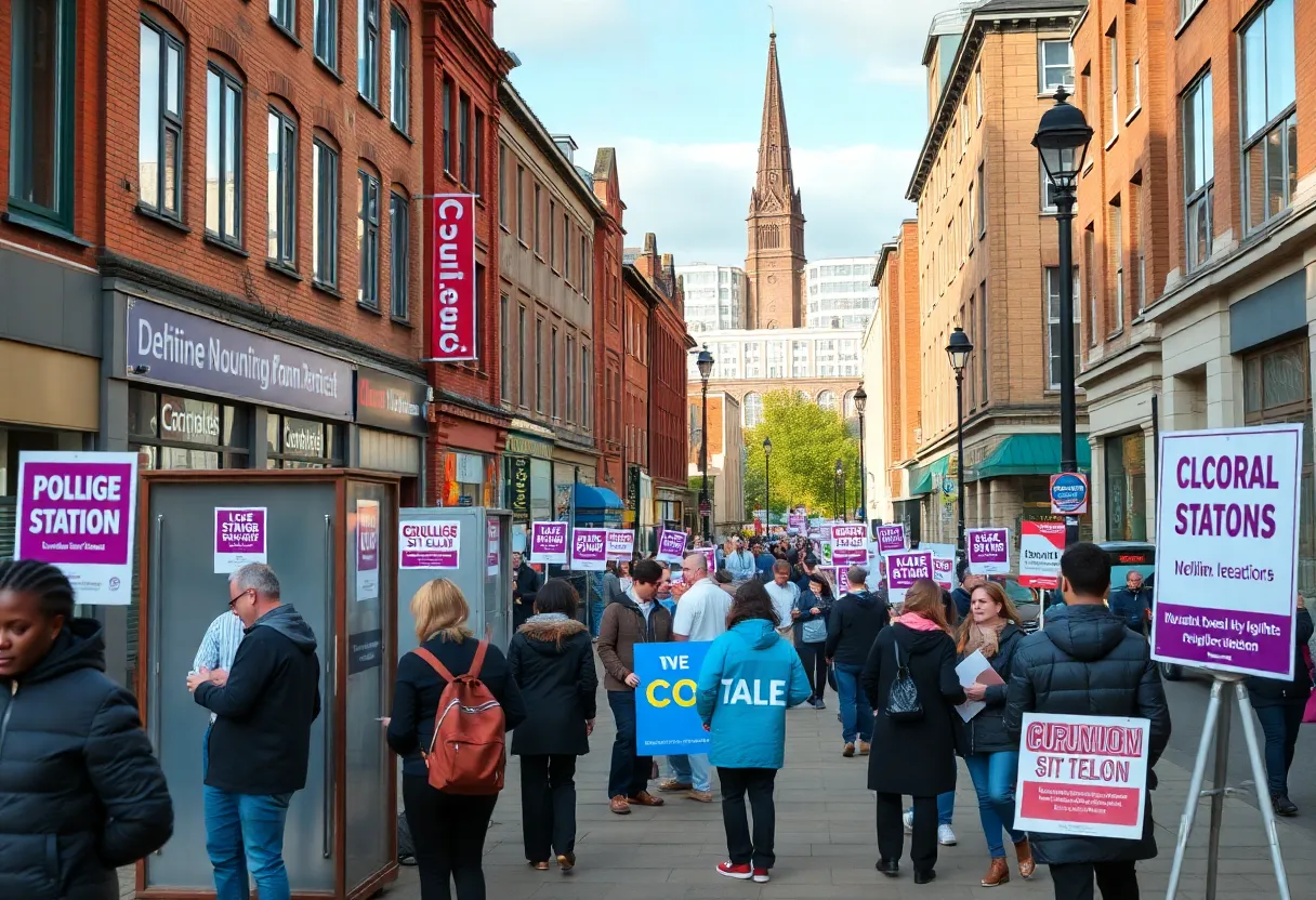 Cityscape of Birmingham during elections with voters and campaign signs.
