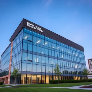 Modern medical office building in Birmingham representing healthcare insurance merger.