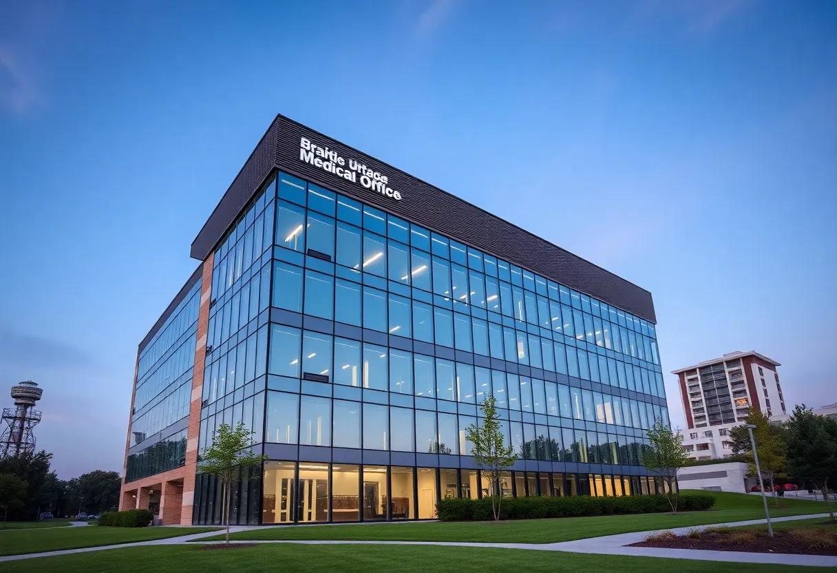 Modern medical office building in Birmingham representing healthcare insurance merger.