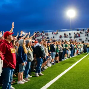 High school football players uniting for community support.