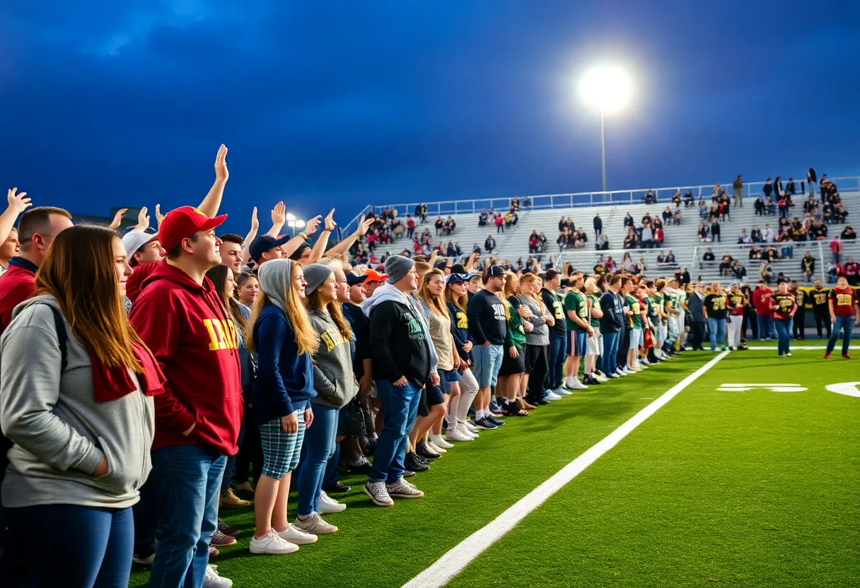 High school football players uniting for community support.