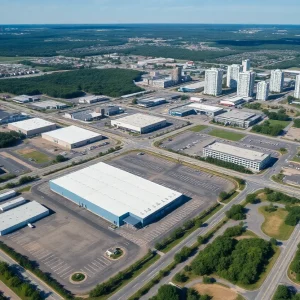 Aerial view of Birmingham's industrial area showing vacant lots and office buildings.