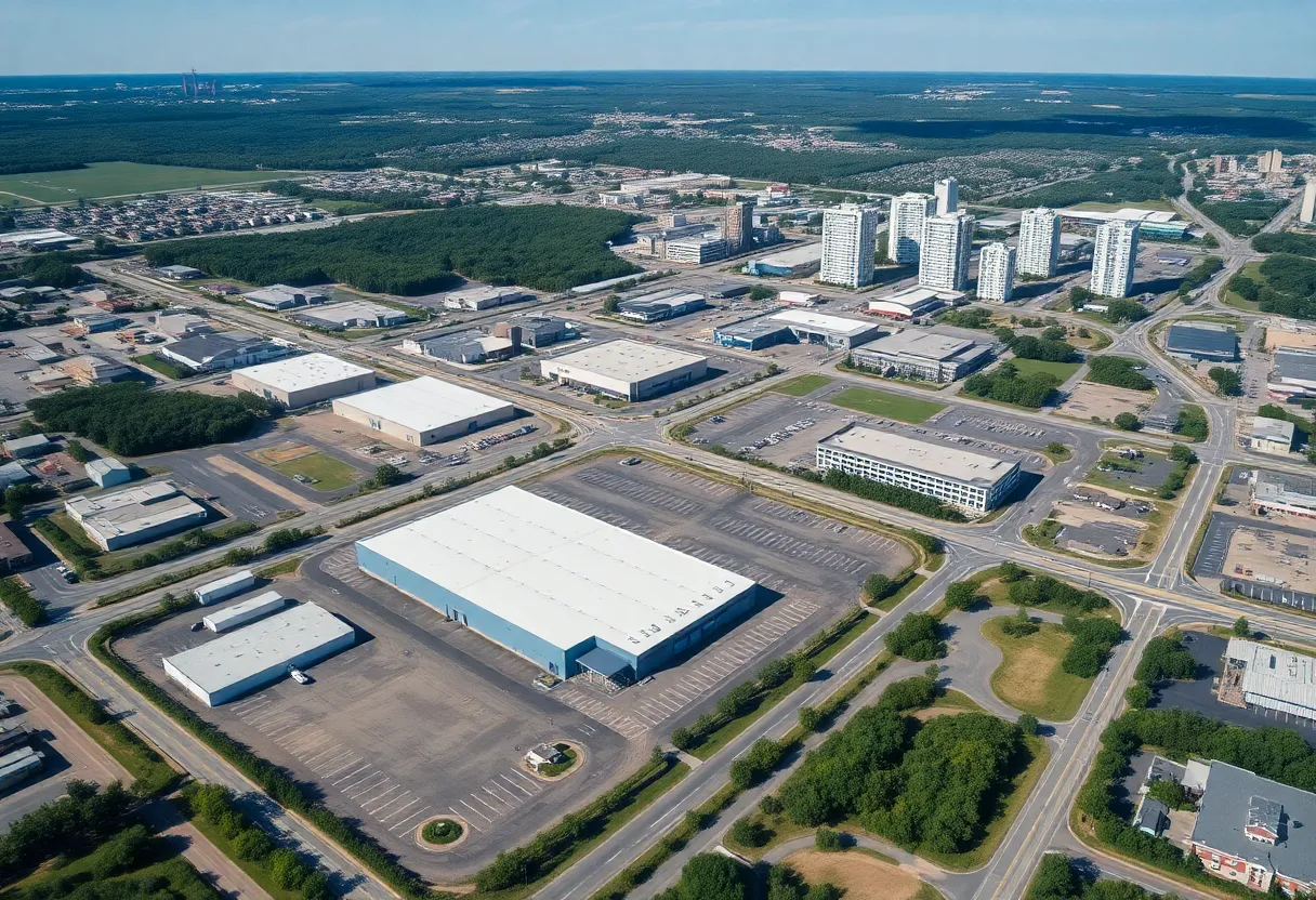 Aerial view of Birmingham's industrial area showing vacant lots and office buildings.